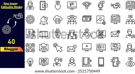 Blogger stroke icon collection, featuring icons for blogging. Editable outline web icon set with simple line illustrations.