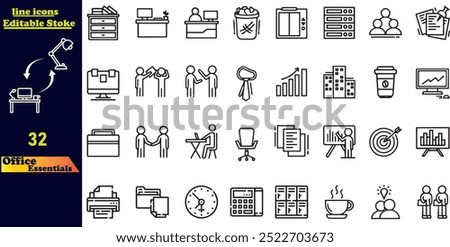 A simple set of office essentials vector stroke icons, including business meeting, workplace, office building, chair, files, clock, job, and more. Editable stroke icon collection.