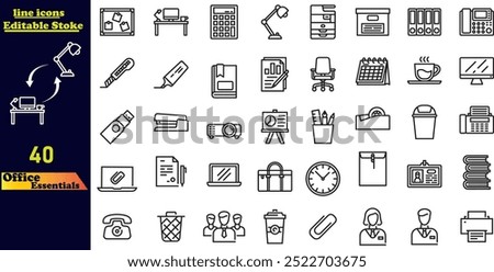 A simple set of office essentials vector stroke icons, including business meeting, workplace, office building, chair, files, clock, job, and more. Editable stroke icon collection.