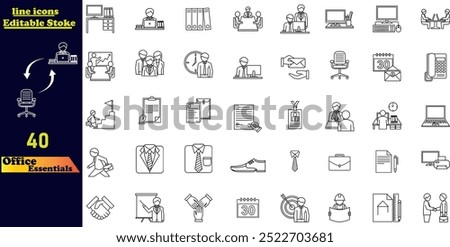 A simple set of office essentials vector stroke icons, including business meeting, workplace, office building, chair, files, clock, job, and more. Editable stroke icon collection.