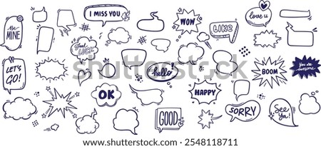 Retro hand drawn empty comic speech bubble, cloud text message box or sticker set with black halftone shadow in pop art cartoon style.