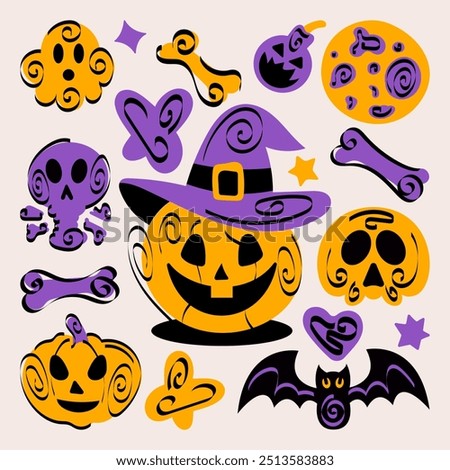 magic Halloween pumpkins and flying bats freehand illustration of skeletons of pumpkins magic mice