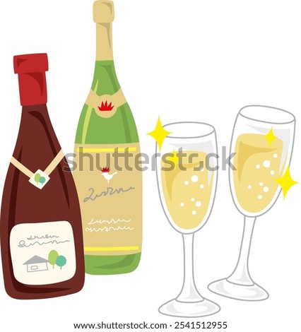 A set of wine bottle and glass illustrations.
I drew two wine bottles and a glass.