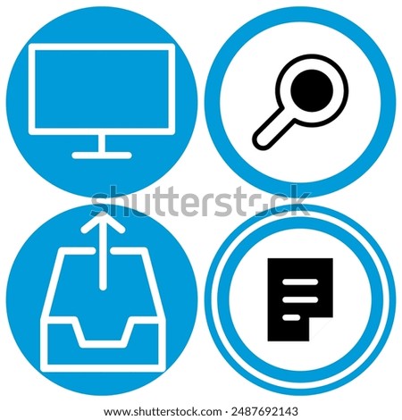 Modern vector icons featuring a computer monitor, magnifying glass, file tray with upward arrow, and document, ideal for business, office, and technology applications