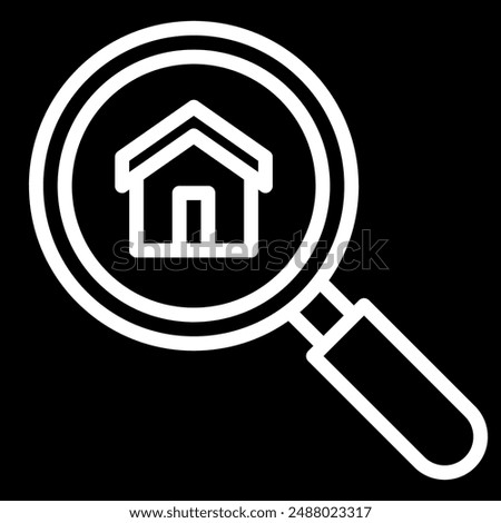 Real estate search glyph icon. A magnifying glass focusing on a house, symbolizing property search, home inspection, and real estate services. Perfect for realty, housing, and online listings themes.