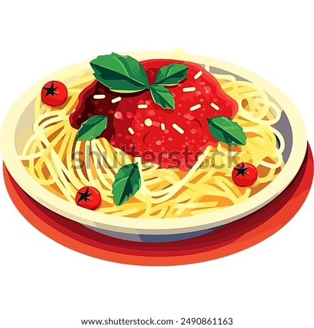 Vibrant hand-drawn illustration of a plate of spaghetti with tomato sauce, basil, and cherry tomatoes. Perfect for menus, food blogs, and Italian cuisine-themed designs.