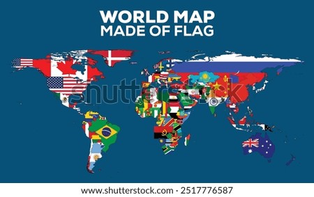 World Map With Flags, Very high resolution world map, isolated on white background. Infographic, Flat Earth, Globe similar worldmap icon. annual report, Travel worldwide, map silhouette backdrop.