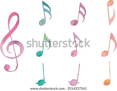 Set of treble clef and musical notes watercolor vector illustration drawing isolated