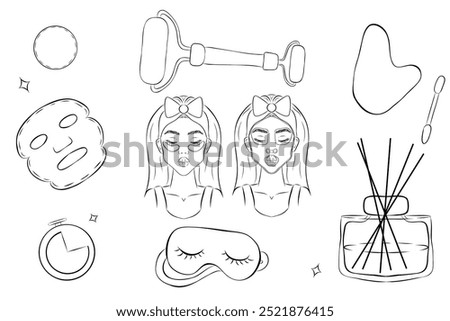 skin massage, sleeping mask, aroma diffuser skin care set. Simple outline style. Face, beauty, health, woman, healthy, mask, clean, fresh, girl, cleansing concept. Vector illustration isolated on whit