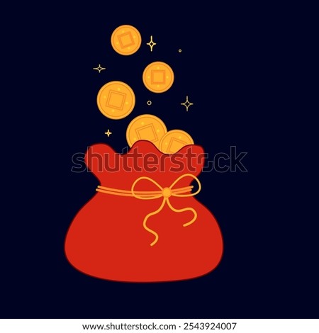 Asia red bag envelopes filled with gold ingots and coins. CNY elements isolated on dark background, suitable for wealthy Chinese new year decoration. Vector cartoon illustration

