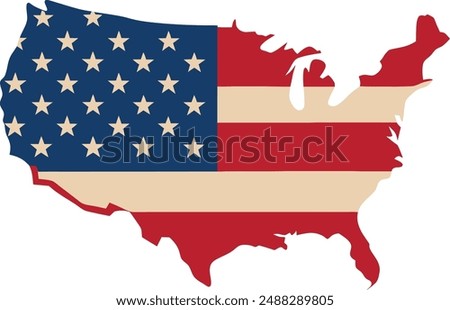 Vector illustration of waving American Flag on dark background. United States Flag with silhouette map of USA.