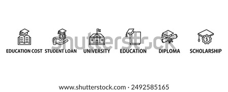 Scholarship banner web icon set vector illustration concept with icon of education, diploma, university, education cost, scholarship, loan student