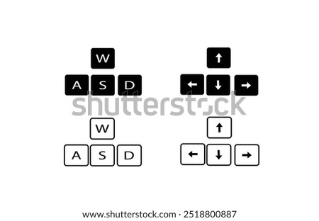 Arrow direction icon. wasd symbol. Key left, right, up, and down signs. Computer button symbols. Direction w, a, s, d icons. Black color. Vector isolated sign.