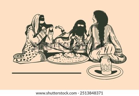 A set of three hand drawn Old Saudi women having dinner for Founding Day and National Day - Women in Old Traditional Saudi Clothing