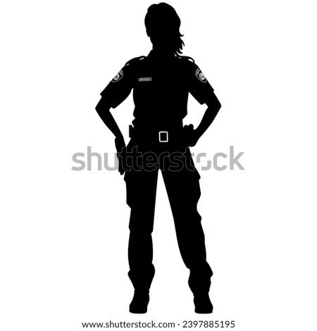 Female police officer silhouette. Police officer woman black icon on white background