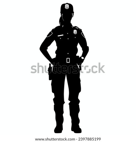 Female police officer silhouette. Police officer woman black icon on white background