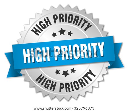 high priority 3d silver badge with blue ribbon