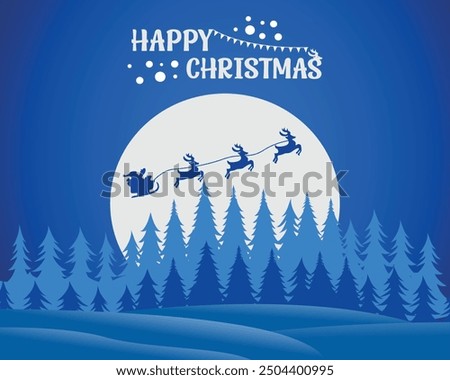 Christmas santa claus vector beautiful artwork, santa ride in sky    illustration, winter landscape with trees forest and snowing. Happy new year celebration.