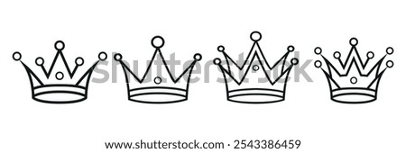 Elegant set of four vector crown icons showcasing classic royal designs perfect for branding, logos, and embellishing regal-themed projects.