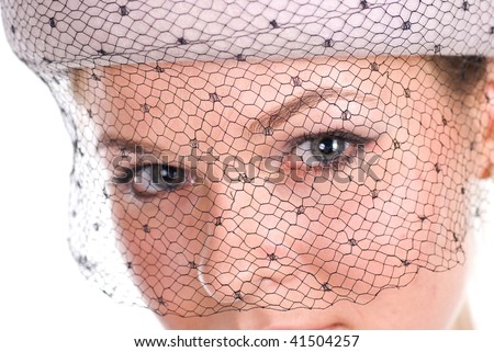 young woman face in black net veil.