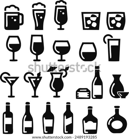 Cocktails set. Alcoholic cocktails icons. Martini cocktail. Set includes martini, mojito, whiskey, wine. Drink glass sign. Icons set for restaurant, pub, bar. Vector illustration