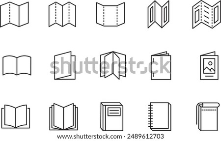 Brochure line icons set. Flyer leaflet, catalogue, booklet, magazine, letterhead, open book and other polygraphy vector illustration. Outline signs for print shop. Editable Stroke