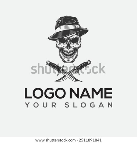 Elegant skull with a hat Set of different skull  with different modern street style city attributes. Monochrome style. Isolated on white background Vector Adventure graphic with skull