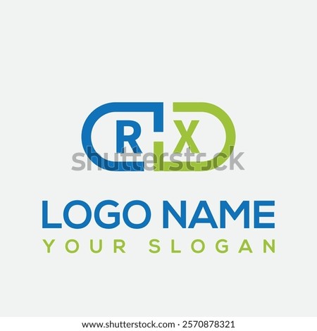 RX pharmaceutical capsule medicine logo vector. white background. Doctor, Apothecary RX Pharmacy capsule medicine Professional Blue and Green Capsule Logo Design for Pharmacy and Health Services 