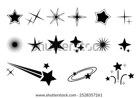 Set of blinking stars, sparks and sparkles. Shining twinkle sunburst shapes collection. Magic light flare pack for design template, poster, banner, brochure, leaflet. Vector glint glitter illustration