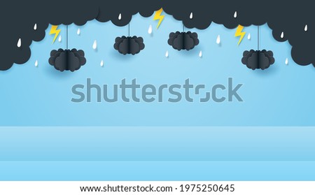 Rainy season theme product display podium. Design with clouds and raining drops on blue sky background. paper art style. vector.