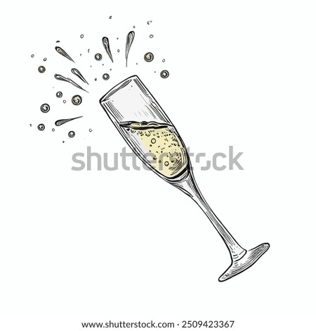 Champagne Glass with Splashes, Hand-Drawn Vector, Graphic Style, Cartoon Illustration, Black and White, Sketch Style, Isolated on White Background