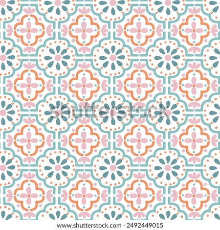 Talavera pattern. Azulejos portugal. Turkish ornament. Moroccan tile mosaic. Spanish porcelain. Ceramic tableware, folk print. Spanish pottery. Ethnic spring green with orange tile pattern