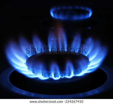 Natural Gas Flame Close up of a blue natural gas flame emitting from a burner in the foreground and a smaller flame in the background.