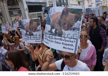 ISTANBUL-OCTOBER 21:Thousands of animal rights activists marched against a draft law on Sunday that would make changes to Turkey\'s Animal Protection Law No. 5199 on October 21,2012 in Istanbul,Turkey.