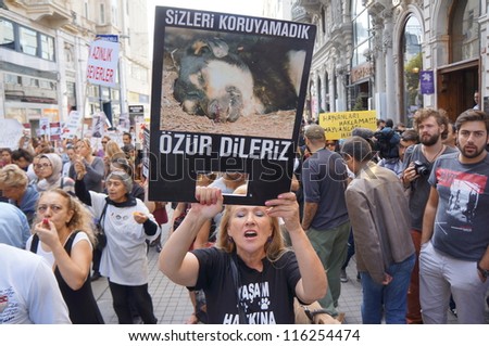 ISTANBUL-OCTOBER 21:Thousands of animal rights activists marched against a draft law on Sunday that would make changes to Turkey's Animal Protection Law No. 5199 on October 21,2012 in Istanbul,Turkey.
