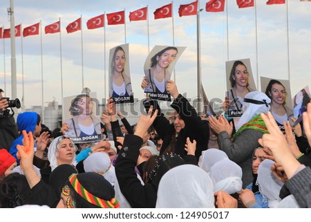 ISTANBUL,TURKEY-JAN 16 : The funeral of three murdered Kurdish women, Sakine Cansiz, Leyla Soylemez and Fidan Dogan, killed in Paris, was brought to the Turkey on January 16, 2013 in Istanbul,Turkey.