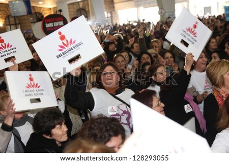 ISTANBUL, TURKEY-FEBRUARY 14 : Unidentified women participated to \'1 billion rising\' dance event to protest violence against women on ValentineÂ?Â?s Day on December 14, 2013 in Istanbul,Turkey.