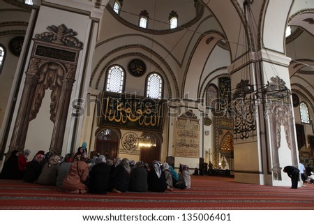 BURSA, TURKEY - APR?L 11: An interior view of Great Mosque (Ulu Cami) on April 11, 2013 in Bursa, Turkey. Great Mosque is the largest mosque in Bursa and a landmark of early Ottoman architecture.