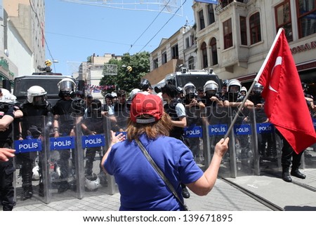 ISTANBUL,TURKEY-MAY 19 :The police did not allow the march of Turkish nationalist groups on May 19, the anniversary of the Turkish national liberation war on May 19, 2013 in Istanbul, Turkey.