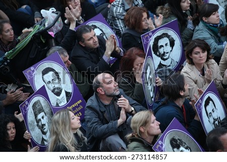 ISTANBUL, TURKEY - APRIL 24, 2015: People gather to commemorate the Armenians who lost their lives in massacres that took place 100 years ago in 1915 on Ottoman soil