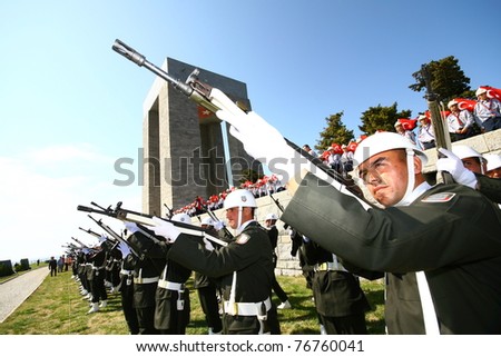CANAKKALE, TURKEY - FEBRUARY 11: Unidentified Turkish armed guard attends commemoration ceremony of the battle of Gallipoli on February 11, 2011 in Canakkale, Turkey
