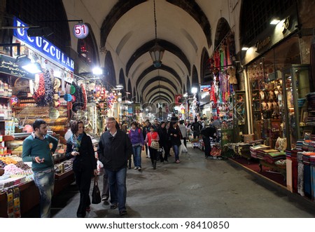 ISTANBUL,TURKEY - MARCH 21: Tourists visiting Egyptian Bazaar (Spice Bazaar) on March 21, 2012 in Istanbul, Turkey. Located in EminÃ?Â¶nÃ?Â¼ is the second largest covered shopping complex after Grand Bazaar