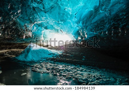 Inside an icecave in Vatnajokull, Iceland, the ice is thousands of years old and so packed it is harder than steel and crystal clear