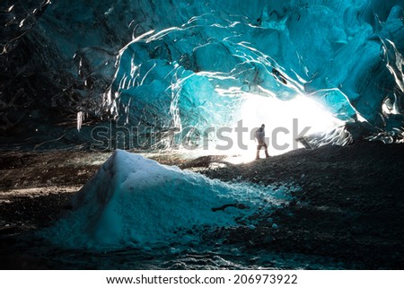 Inside an icecave in Vatnajokull, Iceland, the ice is thousands of years old and so packed it is harder than steel and crystal clear.