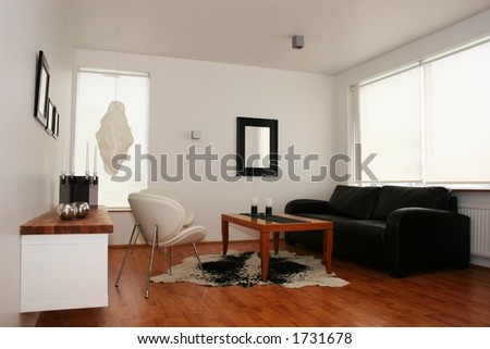 Modern living room, leather sofa, cowhide, design and looks well thought out
