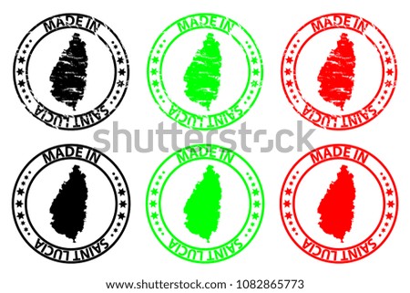 Made in Saint Lucia - rubber stamp - vector, Saint Lucia map pattern - black, green and red