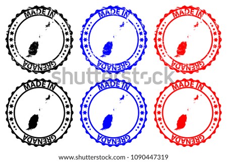 Made in Grenada - rubber stamp - vector, Grenada map pattern - black, blue and red