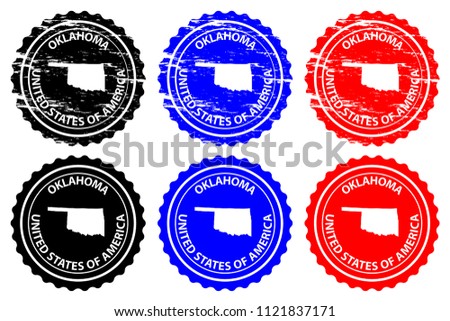 Oklahoma - rubber stamp - vector, Oklahoma (United States of America) map pattern - sticker - black, blue and red 