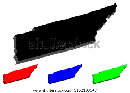 3D map of Tennessee (United States of America, The Volunteer State) - black, red, blue and green - vector illustration