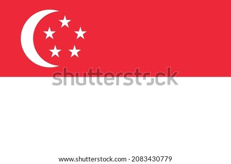 National Flag Republic of Singapore, horizontal bicolour of red and white, charged in white in the canton with a crescent facing the fly and a pentagon of five stars representing the nation's ideals